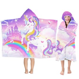 Unicorn Hooded Beach Towel, Unicorn Kids Hooded Poncho Towel for Girls, Cute Cartoon Unicorn Soft Absorbent Bath Towels Pink with Hood for Kids Toddler 30”x50”, Bathrobe with Hood for Swin Pool Bath
