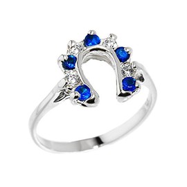 Ladies 925 Sterling Silver White and Blue CZ Alternating Stone Lucky Horseshoe Ring (Size 7)