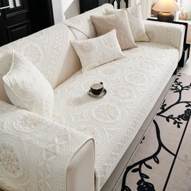 vctops Boho Geometric Embroidery Couch Cover Soft Cotton Quilted Anti Slip Sectional Couch Covers Washable Sofa Slipcover for Dogs, Children, Pets Furniture Protector (Cream,36"x82")