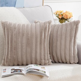 Madizz Set of 2 Faux Fur Plush Decorative Cushion Covers, Fluffy, Striped, Soft, Decorative Cushion Cover for Sofa, Bedroom, Cushion, Taupe, 45 x 45 cm