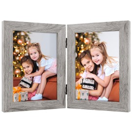 Frametory, 5x7 Double Hinged Picture Frame with Glass Front, Engineered Wood Two Photo Frame Collage for Vertical Display, Side by Side Standing Frame (Light Gray, 1 Pack)