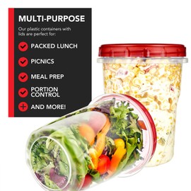 Stock Your Home 32oz Plastic Containers with Red Twist Top Lids (6 Pack) – Quart Freezer Containers for Leftovers, Airtight Reusable Soup Storage, Microwave & Dishwasher Safe