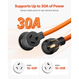 VEVOR 25 ft Dryer Extension Cord, 3-Prong NEMA 10-30P to 10-30R Dryer Cord, 125V/250V STW 10AWG/3C, 30A, Pure Copper Wire Cable with Black Non-Woven Bag and PVC Cable Tie, Ideal for Indoor & Outdoor