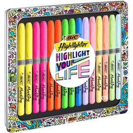 BIC Pastel Highlighter in 15 Different Colours and Pastel Shades in Gift Box with Drying Protection