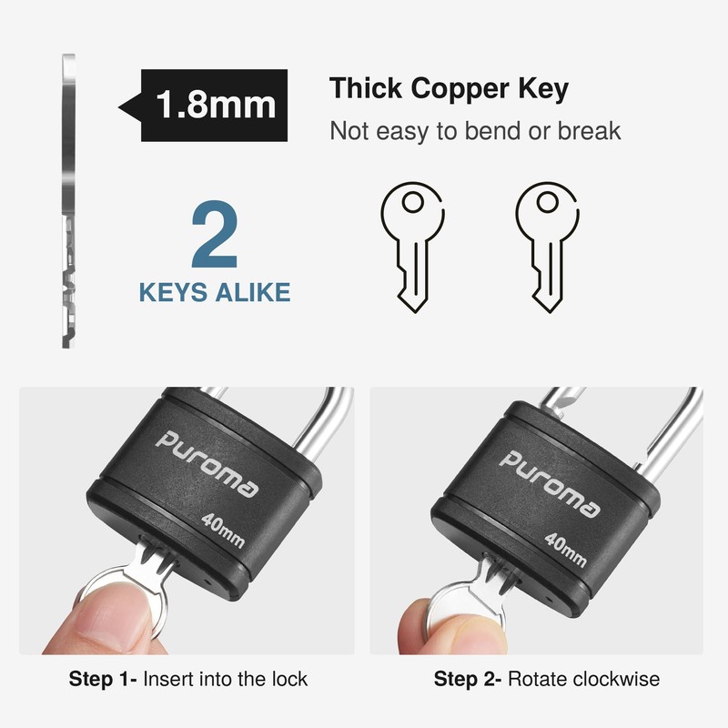 Puroma Keyed Padlock with 2 Keys Alike, 1.8 Inch Locker