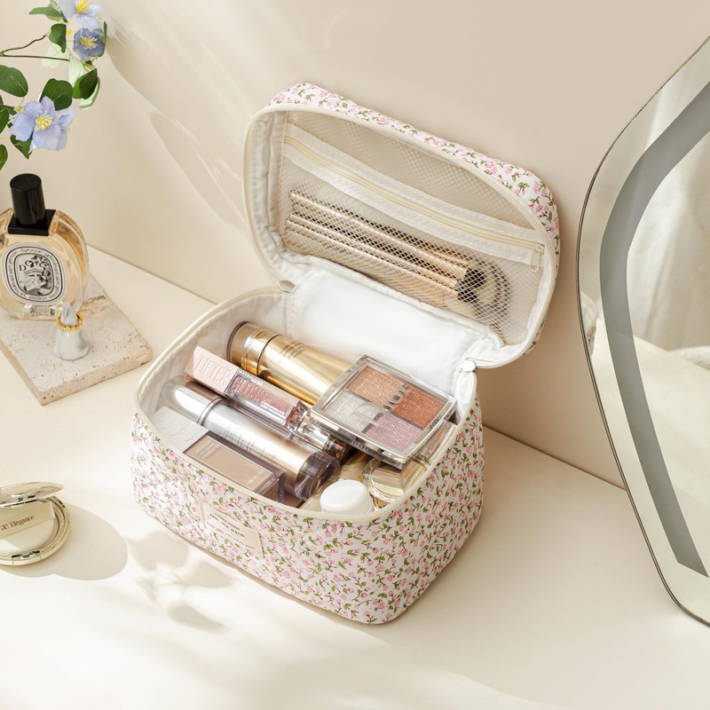 HBselect Quilted Makeup Bag for Women, Floral Cotton Cosmetic Bag