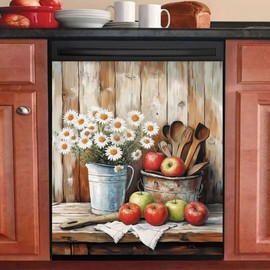 Pastoral Style Daisy Dishwasher Magnet Cover, Magnetic Dishwasher Door Cover Vase Flower Apples Vintage Wood Fridge Magnets Panel Decals Home Decorative Kitchen Appliance Decor Sticker 23Wx26H