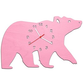 Children's Wooden Bear Wall Clock for Girls & Boys No Ticking Loud Silent Clock Mechanism 5 Colours 30 cm made in Germany, pink