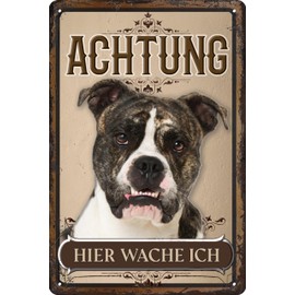 30 x 20 cm Weatherproof Dog Tin Sign, Warning Gate Sign, Warning - Hier Wache ich! (Old English Bulldog)