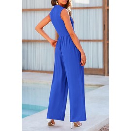 PRETTYGARDEN Womens Summer Jumpsuits Dressy Casual One Piece Outfits Sleeveless Mock Neck Wide Leg Pants Rompers with Pockets (Blue,XX-Large)