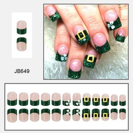 24Pcs St. Patrick's Day Press on Nails Square Short French Tip Fake Nails White Shamrock Stick on Nails Glitter Green Acrylic False Nails Kit Short Glue on Nails for Women Nail Decorations