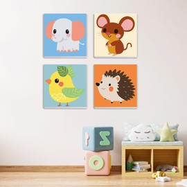 MXJSUA 4 Pack Cute Animals Paint by Numbers Kit with Framed Canvas for Ages 6-12 Kids, Elephant Paint by Numbers Kits for Children Beginners, Acrylic Oil Painting for Home Wall Decor Gift (8x8 inch)