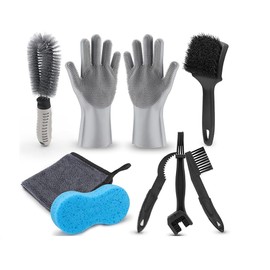 Fahrrad Reinigungsset,9 Stück Fahrrad kettenreiniger,Fahrrad Reinigungsbürsten Set Handschuhe, Bürste, Autoreinigungstuch, Wabenschwamm für alle Arten von Fahrrad- und Motorradketten