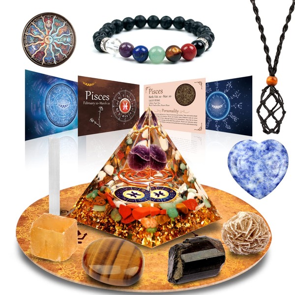 vuUUuv Horoscope Orgone Pyramid, Fish Healing Crystal Gift Set, Zodiac Stones for Accompanying Birthstone, for Astrology, Reiki, Energy, Meditation