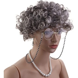IRONBOX Old Lady Short Straight Curly Wig Granny Ash Black Natural Synthetic Wig Cap Bead Chain Cords Artificial Pearl Necklace Bracelet Earrings Adult Fancy Dress Accessories Old Lady Costume Set Fits All