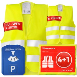 PURAHELP Safety Vests Car Set of 5 4+1 Suitable for Europe in Accordance with EN ISO 20471 – Includes Parking Disc – Reflective Safety Vest Car with Children's Vest – Reflective Safety Vest Car