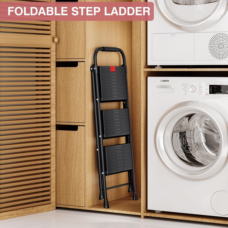 TOOLF 3 Step Ladder, Folding Step Stool with Anti-Slip Wide
