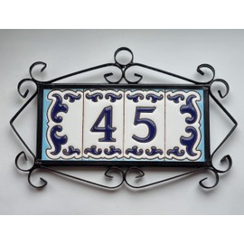 Daniella-M2 Spanish Hand-painted Ceramic Dark Blue Number With Dark Blue Border And 4 Tile Filigree Frame