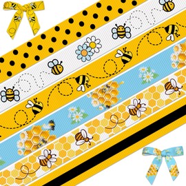 Glodecart 6 Rolls Spring Bee Ribbon for Wrapping Gifts, Honeycomb Bee Ribbon for Gift Wrapping Bee Festival Party Decoration DIY 3/8" X 30 Yards Yellow Stripes Dots Honey Bee Ribbon for Party Supplies