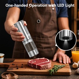 Electric Pepper and Salt Grinder Stainless Steel Rechargeable Pepper Mill with External Adjustable Coarseness, 95ml Container and White LED Light, Silver (1 Pack)