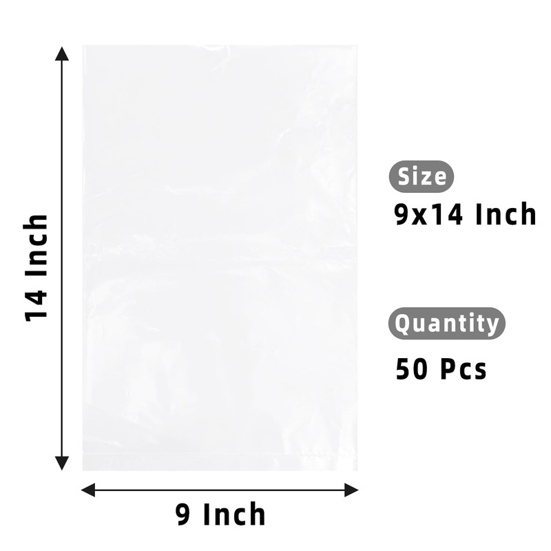 9x14 Inches Clear Plastic Bags for Packaging, 50 Pieces Flat