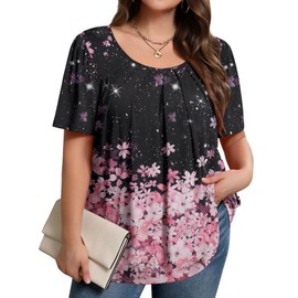 IN'VOLAND Plus Size Women's Tops Tunic Short Sleeve Crew Neck Shirts Casual Soft Blouse Pink Floral