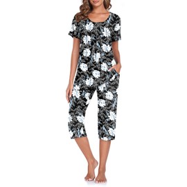 TAOHUADAO Women's Pyjamas Short Sleeve Top with Capri Pants Sleepwear Ladies Pjs Sets with Pockets, White Lily XL