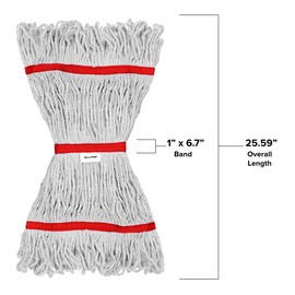 Alpine Industries Cotton Mop Head - Commercial Mop Head Replacement -16oz Cotton Blend, Loop End Mop Head - 1" Red Headband & Tailband (White/Red, 12 Pack)