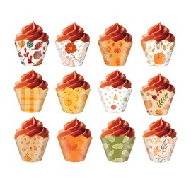 12 Pcs Thanksgiving Cupcake Maple Leaf Pumpkin Wrappers for Autumn Themed Harvest Day Thanksgiving Party DIY Decoration