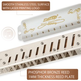 East top Blues Harmonica, 10 Holes 20 Tones Diatonic Blues Mouth Organ Harmonica Key of F with White Cover, T008L Harmonica for Adults, Professionals and Students