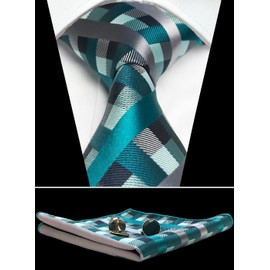 CANGRON Men Tie Teal Grey Black Plaid Necktie Pocket Square Cufflinks Tie Set LSG8VB