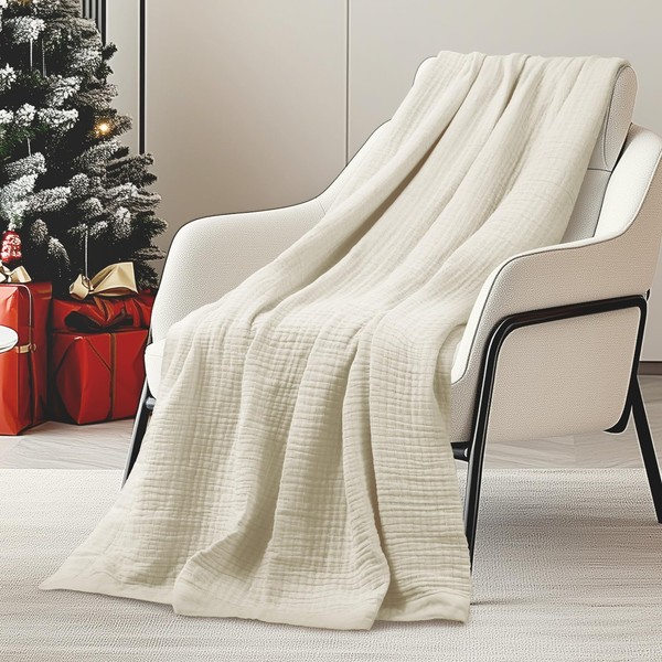 DELIGHT HOME Cotton Muslin Throw Blanket, Breathable and Lightweight Jacquard