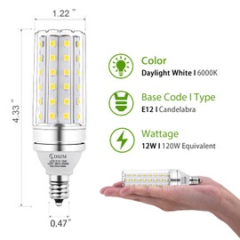 E12 LED Corn Light Bulbs, 12W Equivalent 100W, 1200 Lumen 6000K Cool Daylight White, Non-Dimmable Candelabra Base Chandelier Lights, Pack of 3