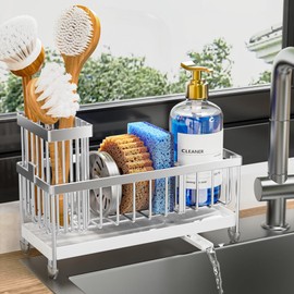 Cisily - Supporto per spugna per lavello da cucina, con porta spazzole rialzato, organizer in acciaio inossidabile antiruggine, per dispenser di sapone, accessori da cucina per l’organizzazione