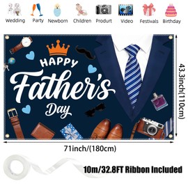 Happy Fathers Day Banner 6x4FT with 32.8ft Ribbon & 4 Brass Grommets, Polyester Fathers Day Backdrop Party Supplies for Photography Indoor Outdoor Family Celebration Wall Door Home Decor