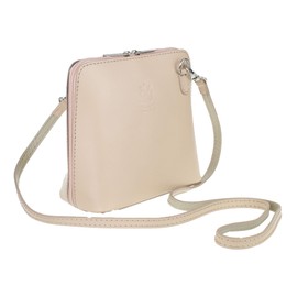 Girly Handbags Womens Small Vera Pelle Genuine Leather Handbag Rigid Cross Body Shoulder Bag Real Italian Metallic Mini Strap Light Taupe