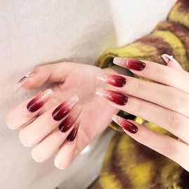 Red Butterfly Wings Press on Nails 3D Gold Curve Line Medium Coffin False Nails Glossy Red Gradient Stick on Nails 24Pcs Pearls Acrylic Fake Nails Ombre Gel Glue on Nails for Coquette Women Girls