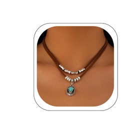 PLwelth Boho Necklaces for Women Western Layered Charm Necklaces Vintage Leather Necklace Sliver Beaded Cowboy Hat Pendant Necklace Turquoise Jewelry Country Concert Outfits Accessories Gifts