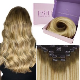 Fshine Hair Extensions Clip in 14 Inch Medium Brown Fading To Honey Blonde And Blonde Hair Extensions with Clips Hair Extensions Clip in Straight Remy Hair 120g 7Pcs