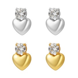 GOMAKERER 2 Pairs Heart Dangle Stud Earrings, 2 Colors 18K Gold Love Heart Earrings Micro Pave Clear Cubic Zirconia Stud for Women Party Birthday Wearing