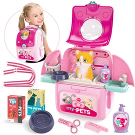 Shemira Girl Toys Gifts for 3 4 5 6 Years Old, Pet Care Playset for Kids, Pet Care Pretend Play Toys for Kids with Toy Cat &Storage Backpack