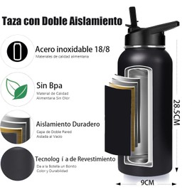 Termo,Termo de Acero Inoxidable,Botella Térmica(1200ML), Termo de Agua con 2 Tapas,Sin BPA,Agua Fría (24 horas) o Caliente (12 horas), Doble Pared de Aislamiento al Vacío (Negro)
