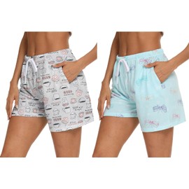 MIA LUCCE Women's Short Summer Sleep Shorts with Drawstring and Double-Sided Pockets, Grey Coffee + Blue Fly