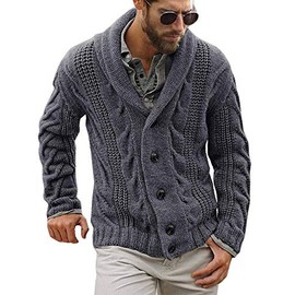 Runcati Mens Cardigan Chunky Knitted Jacket Long Sleeve Cable Knit Cardigan Casual Shawl Collar Buttoned Knitwear Overcoat Winter Outerwear, Grey, M