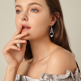 Double Twisted Linear Swirl Drop Statement Earrings with CZ, 925 Sterling Silver Dangle Earrings, Hypoallergenic Infinity Earrings for Women (Leaf with CZ)