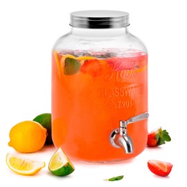 Kook Glass Drink Dispenser, with Leak-Proof Stainless Steel Spigot, Clear Mason Jar, Beverage Storage for Fridge, for Water, Iced Tea, Sangria, Lemonade, 1 Gallon (1, Silver)