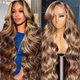 30 Inch Ombre Honey Blonde Lace Front Wig Human Hair 180% Density HD Pre Plucked Highlight Body Wave Lace Front Wigs Human Hair 4/27 Colored for Women with Baby Hair
