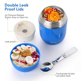 WayEee Food Flask, Stainless Steel King Food Jar with Folding Spoon-450ml (Dark Blue)