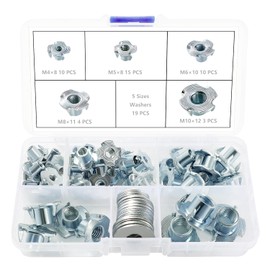 Lyeteung 42 PCS M4/M5/M6/M8/M10 T Nuts Set, Four Pronged Tee Nuts, Threaded Insert T Nuts, with 19 PCS Washers, for Wood, Rock Climbing Holds, Cabinetry, Furniture