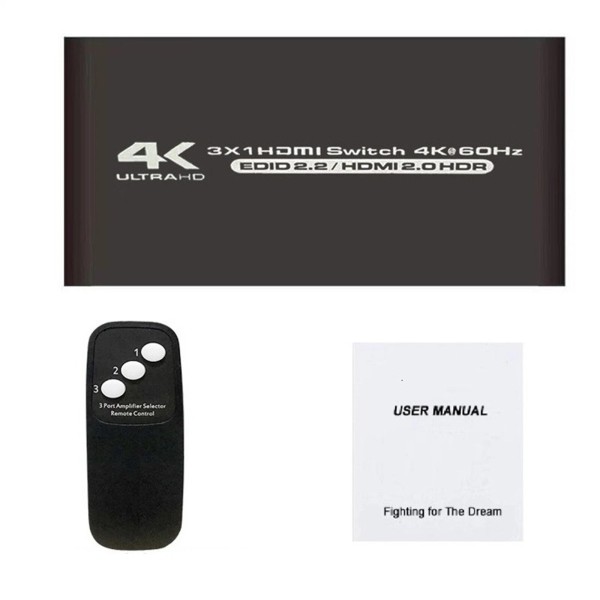 Unbranded 3-Port 4K HDMI Switcher 3x1 with IR Remote, Up